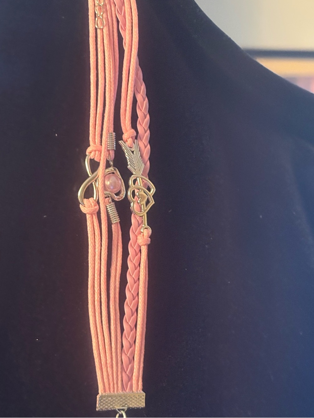 Layered Pink Multi-Strand Heart & Arrow Charm Bracelet